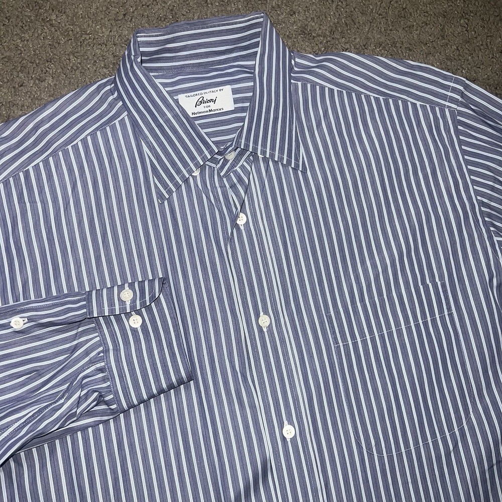 Brioni for Neiman Marcus Blue and White Stripe Dress Shirt 2XL MINT $795